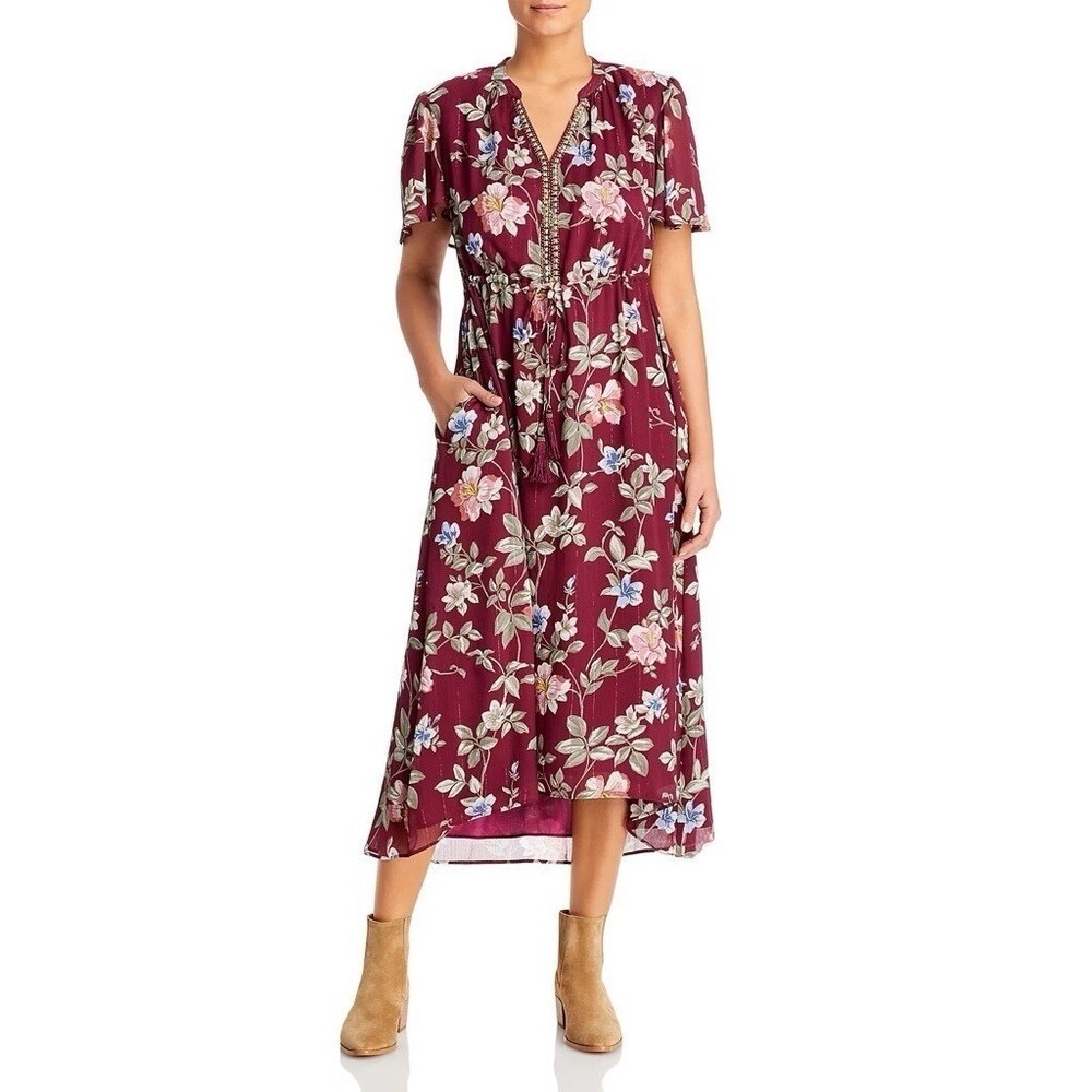 TOMMY BAHAMA Painted Petal Midi Floral Dress Metallic Embellished Beads X-Small